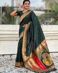 Bottle Green Paithani Silk Zari Woven Saree with Mahalaxmi Pallu