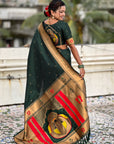 Bottle Green Paithani Silk Zari Woven Saree with Mahalaxmi Pallu