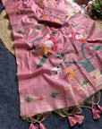 Pink Traditional Soft Chanderi Cotton American Parrot Pattern Saree