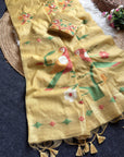Yellow Traditional Soft Chanderi Cotton American Parrot Pattern Saree