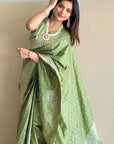 Pista Green Banarasi Satin Zari Woven Silk Saree with Arrow Pattern
