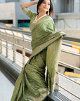 Pista Green Banarasi Satin Zari Woven Silk Saree with Arrow Pattern