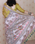 Gold Tussar Silk Madhubani Fusion Floral Printed Saree with Zari Woven Border