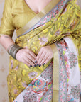 Gold Tussar Silk Madhubani Fusion Floral Printed Saree with Zari Woven Border