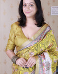 Gold Tussar Silk Madhubani Fusion Floral Printed Saree with Zari Woven Border