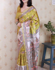 Gold Tussar Silk Madhubani Fusion Floral Printed Saree with Zari Woven Border