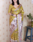 Gold Tussar Silk Madhubani Fusion Floral Printed Saree with Zari Woven Border