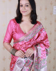 Pink Tussar Silk Madhubani Fusion Floral Printed Saree with Zari Woven Border