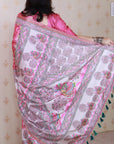 Pink Tussar Silk Madhubani Fusion Floral Printed Saree with Zari Woven Border