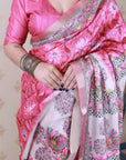 Pink Tussar Silk Madhubani Fusion Floral Printed Saree with Zari Woven Border