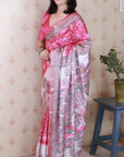 Pink Tussar Silk Madhubani Fusion Floral Printed Saree with Zari Woven Border