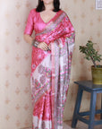 Pink Tussar Silk Madhubani Fusion Floral Printed Saree with Zari Woven Border