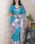 Turquoise Blue Tussar Silk Madhubani Fusion Floral Printed Saree with Zari Woven Border