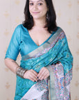 Turquoise Blue Tussar Silk Madhubani Fusion Floral Printed Saree with Zari Woven Border