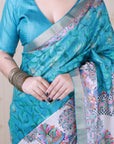 Turquoise Blue Tussar Silk Madhubani Fusion Floral Printed Saree with Zari Woven Border