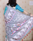 Turquoise Blue Tussar Silk Madhubani Fusion Floral Printed Saree with Zari Woven Border