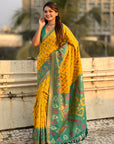 Yellow Soft Silk Zari Woven Contrast Ikkat Patola Saree