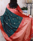 Bottle Green Soft Banarasi Silk Zari Work Saree with Flower Pattern Border