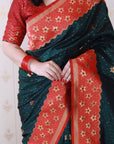 Bottle Green Soft Banarasi Silk Zari Work Saree with Flower Pattern Border