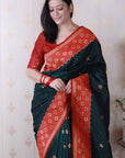 Bottle Green Soft Banarasi Silk Zari Work Saree with Flower Pattern Border