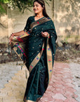 Bottle Green Paithani Silk Saree with Zari Woven Meenakari Lotus Border and Pallu