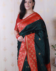 Bottle Green Soft Banarasi Silk Zari Work Saree with Flower Pattern Border