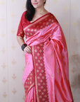 Baby Pink Soft Banarasi Silk Zari Work Saree with Flower Pattern Border