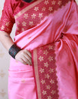 Baby Pink Soft Banarasi Silk Zari Work Saree with Flower Pattern Border