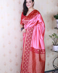 Baby Pink Soft Banarasi Silk Zari Work Saree with Flower Pattern Border