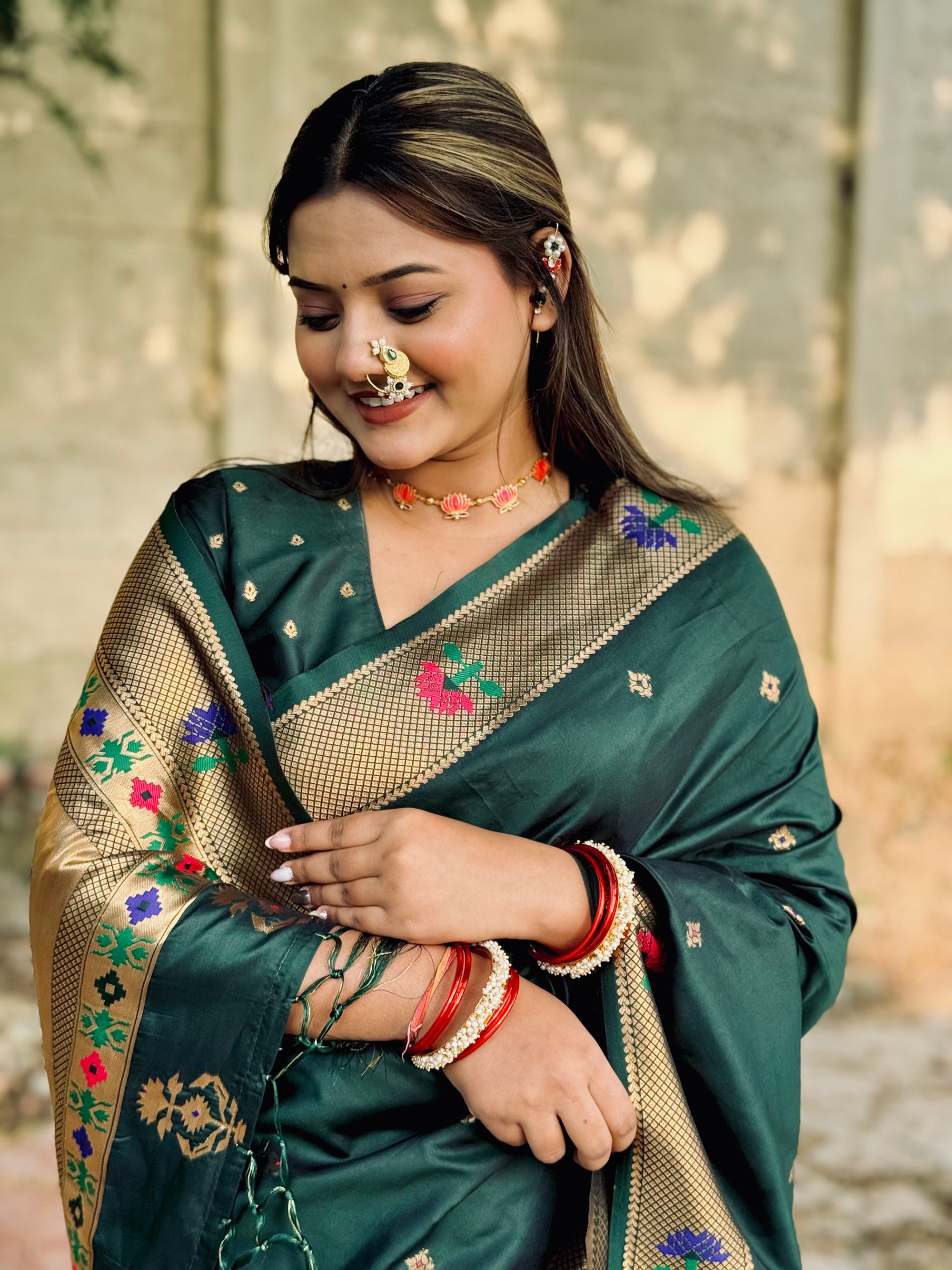 Bottle Green Paithani Silk Saree with Zari Woven Meenakari Lotus Border and Pallu