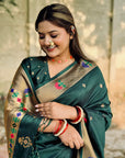 Bottle Green Paithani Silk Saree with Zari Woven Meenakari Lotus Border and Pallu
