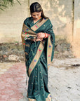 Bottle Green Paithani Silk Saree with Zari Woven Meenakari Lotus Border and Pallu