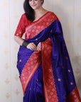 Violet Soft Banarasi Silk Zari Work Saree with Flower Pattern Border