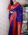Violet Soft Banarasi Silk Zari Work Saree with Flower Pattern Border