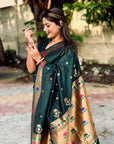 Bottle Green Paithani Silk Saree with Zari Woven Meenakari Lotus Border and Pallu