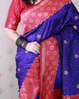 Violet Soft Banarasi Silk Zari Work Saree with Flower Pattern Border