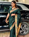 Bottle Green Paithani Silk Saree with Zari Woven Meenakari Lotus Border and Pallu
