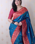 Rama Blue Soft Banarasi Silk Zari Work Saree with Flower Pattern Border