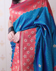 Rama Blue Soft Banarasi Silk Zari Work Saree with Flower Pattern Border