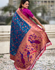 Blue Paithani Silk Meenakari Zari Woven Jaal Saree