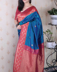 Rama Blue Soft Banarasi Silk Zari Work Saree with Flower Pattern Border