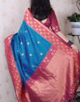 Rama Blue Soft Banarasi Silk Zari Work Saree with Flower Pattern Border