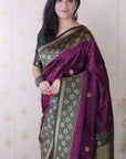Wine Soft Banarasi Silk Zari Work Saree with Flower Pattern Border