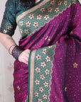 Wine Soft Banarasi Silk Zari Work Saree with Flower Pattern Border