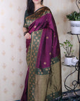 Wine Soft Banarasi Silk Zari Work Saree with Flower Pattern Border