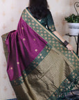 Wine Soft Banarasi Silk Zari Work Saree with Flower Pattern Border