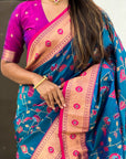 Blue Paithani Silk Meenakari Zari Woven Jaal Saree