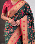 Bottle Green Paithani Silk Meenakari Zari Woven Jaal Saree