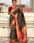 Bottle Green Paithani Silk Meenakari Zari Woven Jaal Saree