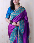 Purple Soft Banarasi Silk Zari Work Saree with Flower Pattern Border